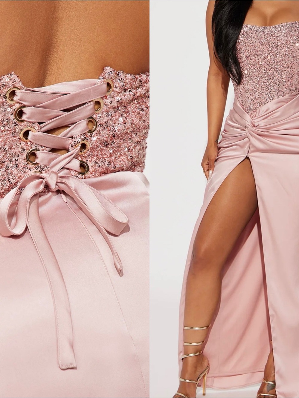 Fashion Nova Rose Pink Sequin Corset Satin Prom Gown